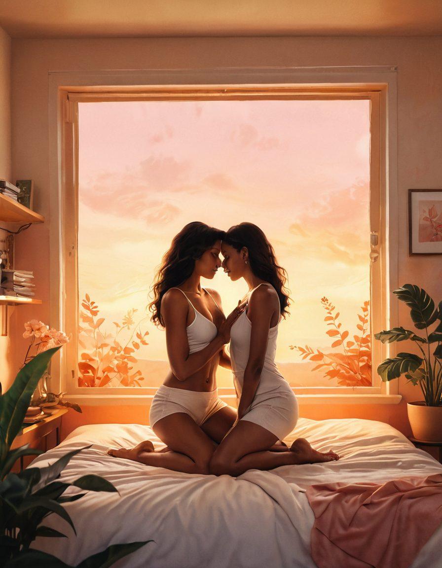 A cozy, intimate setting depicting a couple engaging in open communication amidst soft, warm lighting. Visual elements like symbols of empowerment, such as a blooming flower and a heart intertwined, subtly enhance the theme of connection. Include tasteful depictions of adult entertainment elements, like abstract art or silhouettes, promoting a sense of safety and exploration. The background should be serene and inviting, encouraging a narrative of sexual empowerment and relationship growth. painterly style. warm tones. soft focus.