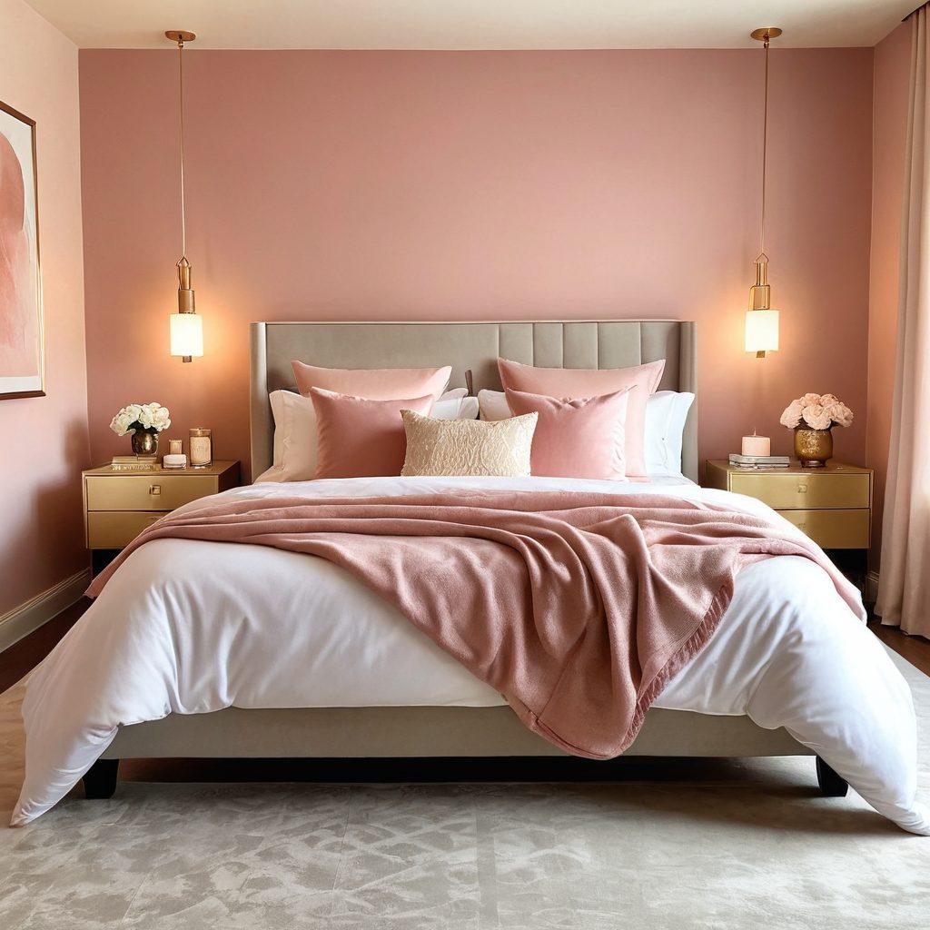 A serene and inviting bedroom setting with soft, ambient lighting, featuring a beautifully arranged bed with luxurious linens. Include a tasteful display of sensual wellness products like candles, massage oils, and elegant decor that evoke intimacy and connection. The color palette should be warm and inviting, with hints of pink and gold. Capture a sense of empowerment and wellness intertwined with intimacy. super-realistic. warm colors. soft focus.