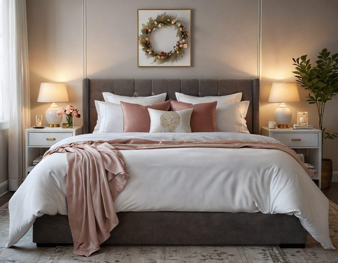 A serene and inviting bedroom scene featuring an elegant bed with soft, luxurious bedding. Surrounding the room are tasteful, romantic decorations like candles and flowers, symbolizing intimacy and connection. Include subtle hints of diverse couples engaging in tender moments, reflecting empowerment and pleasure. The ambiance is warm and inviting, creating an atmosphere for exploration. vibrant colors. super-realistic.